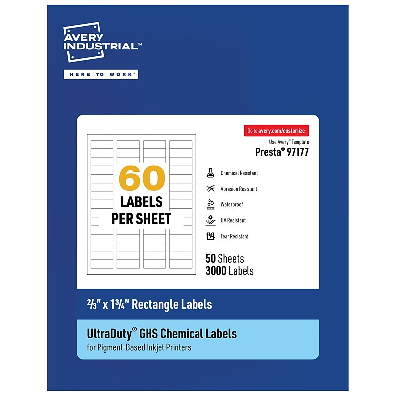 Avery Inkjet UltraDuty GHS Labels, 2/3" x 1-3/4", White, 3000 Labels/Box (97177) image 1