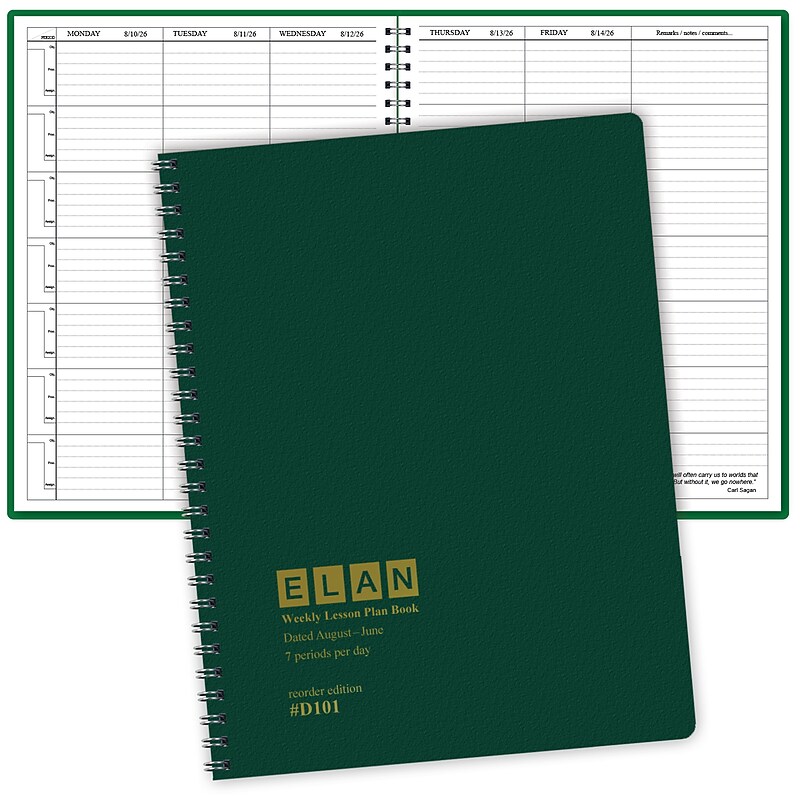 2026-2027 ELAN 8.5" x 11" Academic Weekly & Monthly Teacher Planner, Paperboard Cover, Green (D101-AY26) image 1