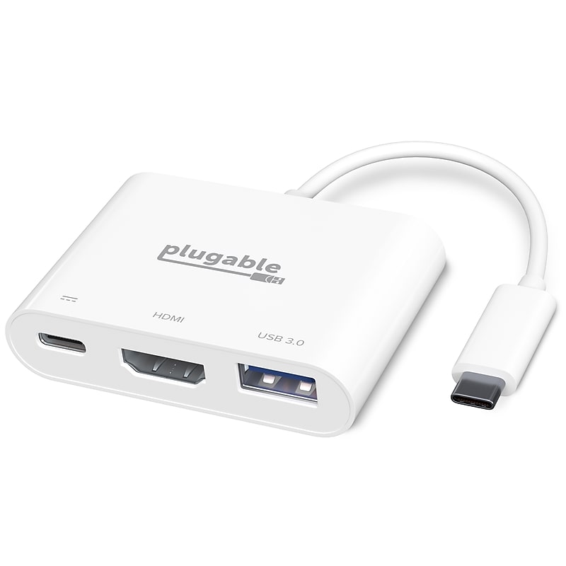 Plugable 3-in-1 USB-C to HDMI/USB-A/USB-C Adapter, Male to Female, White (USBC-MD103) image 1