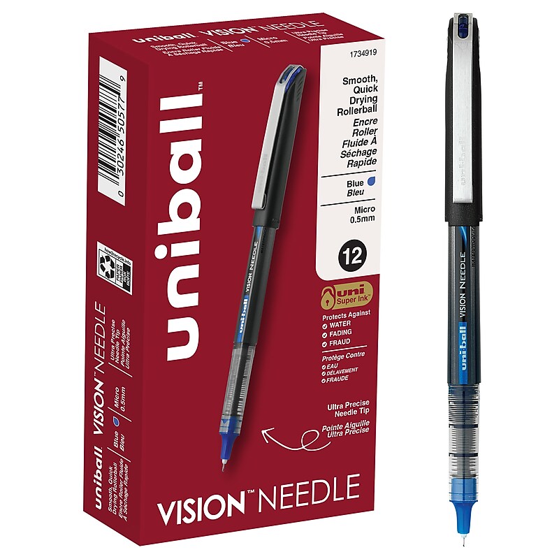 uni-ball Vision Needle Rollerball Pens, Micro Point, 0.5mm, Blue Ink, 12/Pack (1734919) image 1