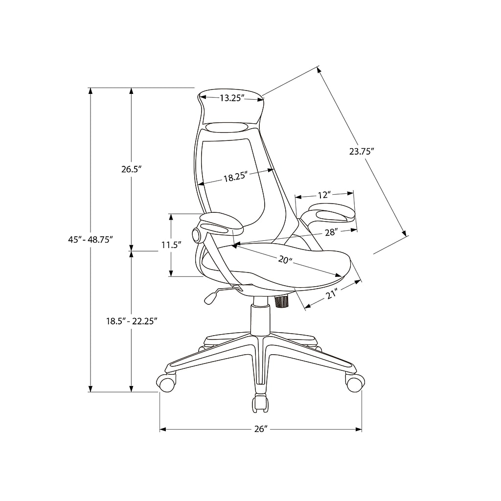 Technical diagram of an office chair with dimensions