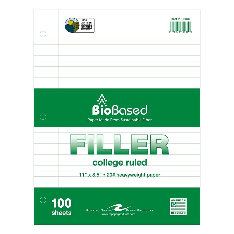 Roaring Spring Paper Products BioBased College Ruled Filler Paper, 8.5" x 11", 3-Hole Punched, 100 Sheets/Pack (13986) image 1