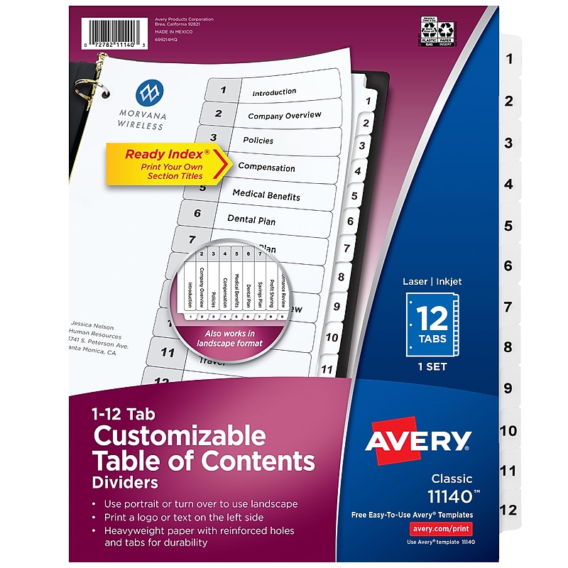 Avery Ready Index Table of Contents Paper Dividers, 1-12 Tabs, White (11140) image 1
