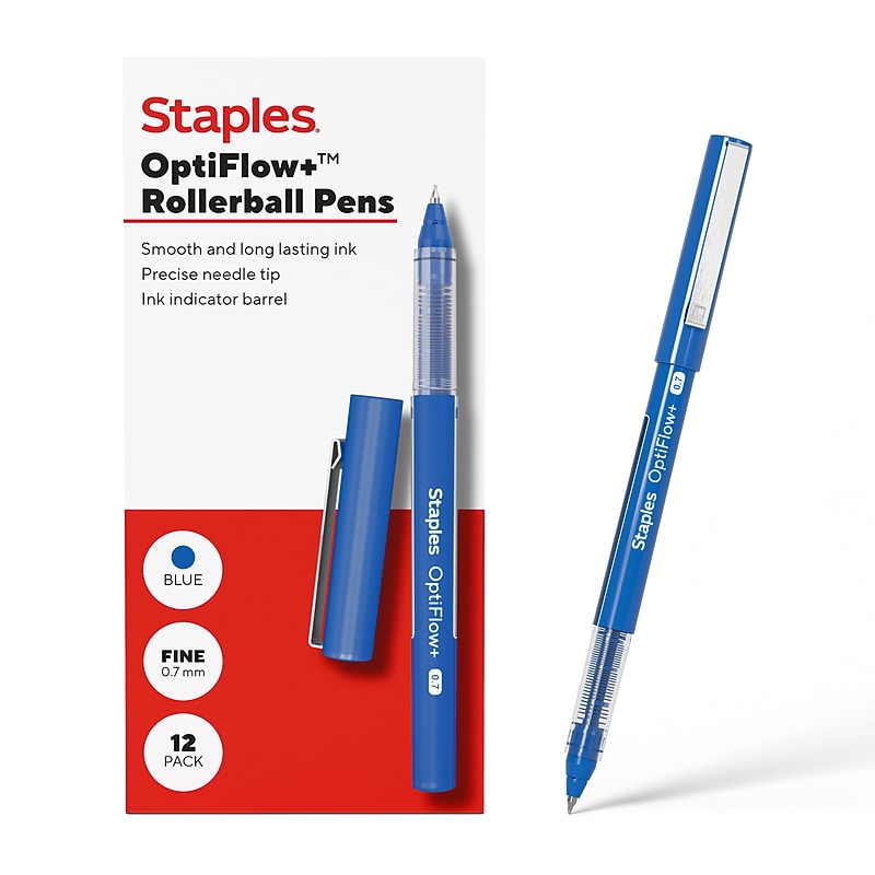Staples Optiflow+ Rollerball Pens, Fine Point, 0.7mm, Blue Ink, Dozen (ST63317) image 1