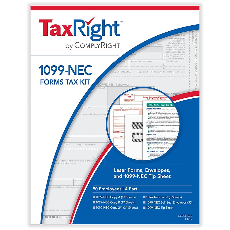 ComplyRight TaxRight 2024 1099-NEC Tax Form Tax Forms, Envelopes & TipSheet, 4-Part, 50/Pack (NECSC6103E) image 1