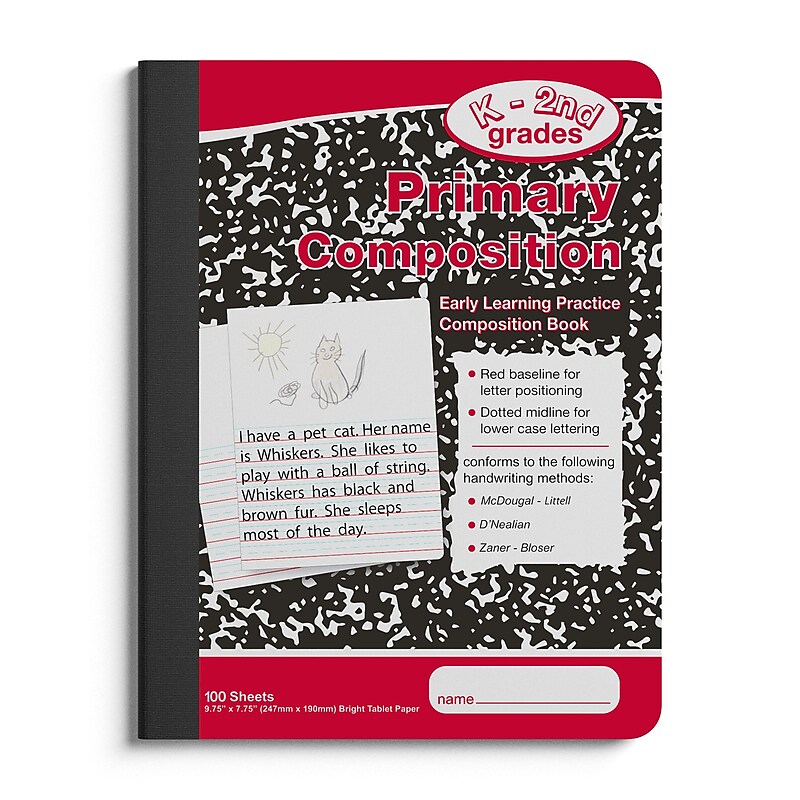 Staples 1-Subject Composition Notebooks, 7.5" x 9.75", Primary Ruled, 100 Sheets, Black/Red (42079C) image 1