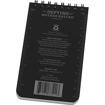 Rite In The Rain All-weather 1-Subject Pocket Notebook, 3" x 5", Graph Ruled, 50 Sheets, Black (735)