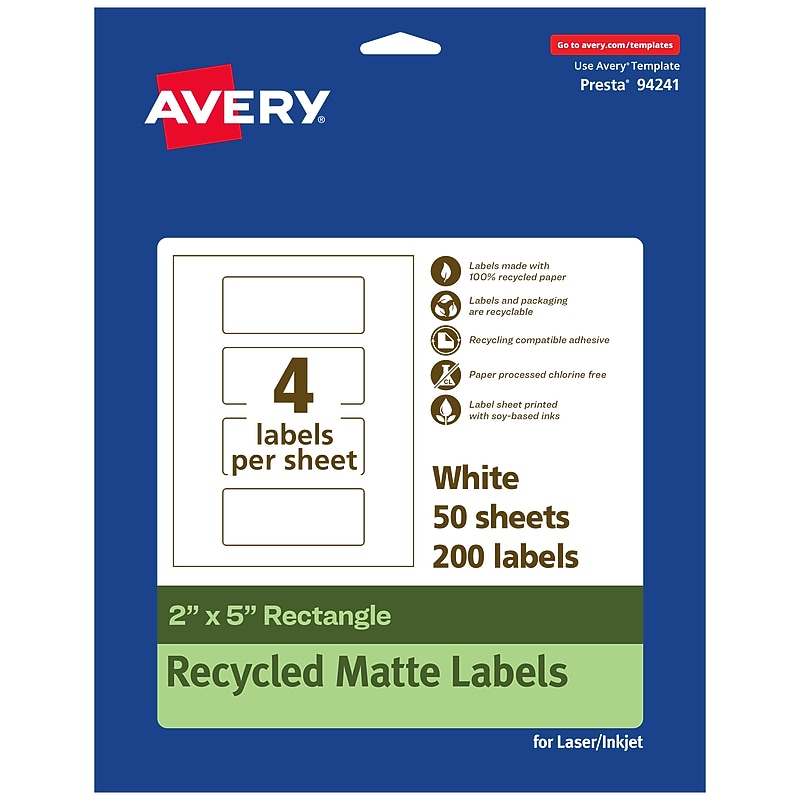 Avery EcoFriendly Laser/Inkjet Rectangle Multipurpose Labels, 2" x 5", White, 200/Box (94241) image 1