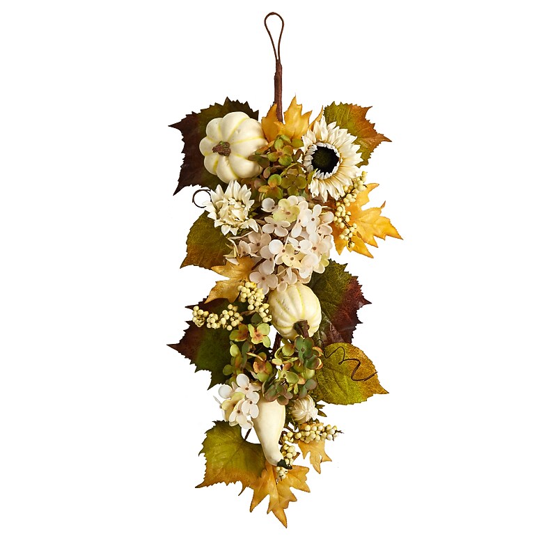 Nearly Natural 33" Fall Sunflower, Hydrangea and White Pumpkin Artificial Autumn Teardrop (W1241) image 1