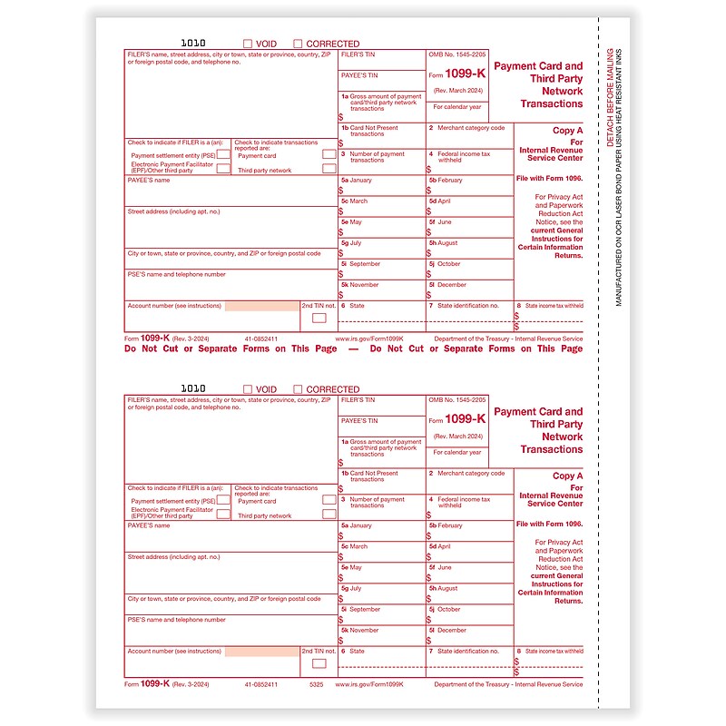 ComplyRight 2025 1099-K Tax Form, 1-Part, 2-Up, Copy A, 50/Pack (532525) image 1