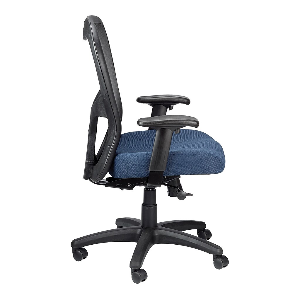 Side view of office chair with mesh back and blue seat
