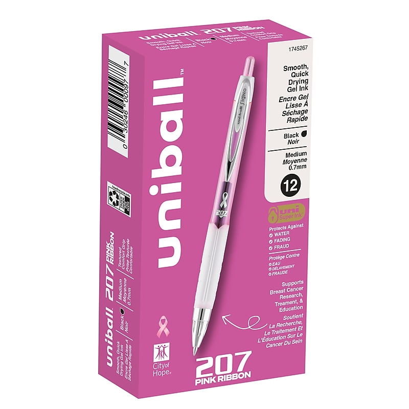 uni-ball 207 Pink Ribbon Retractable Gel Pens, Medium Point, 0.7mm, Black Ink, Dozen (1745267) image 1
