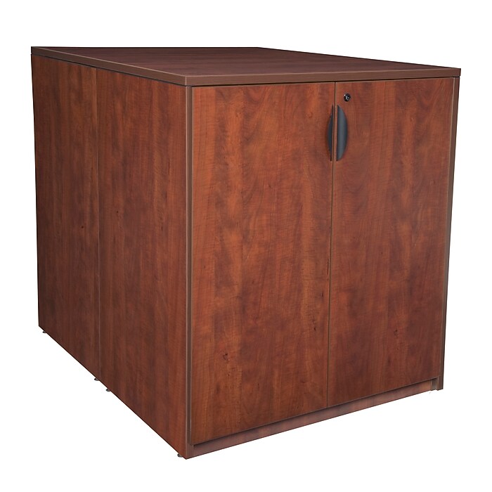 Cherry wood storage cabinet with two doors and black handles