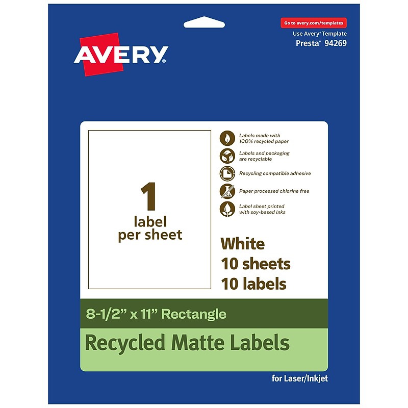 Avery EcoFriendly Laser/Inkjet Multipurpose Labels, 8-1/2" x 11", White, 10/Pack (94269) image 1