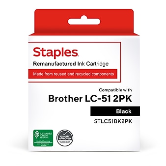 Staples Remanufactured Black Standard Yield Ink Cartridge Replacement for Brother LC51BK (TRLC51BK2PK/STLC51BK2PK), 2/Pack