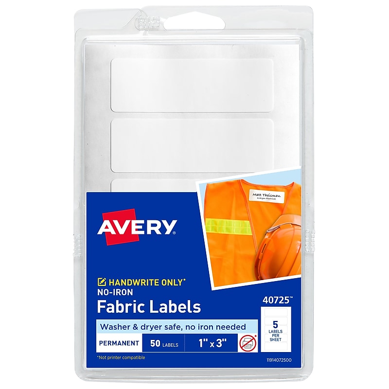 Avery No-Iron Waterproof Fabric Labels, 1" x 3", White, 50 Labels/Pack (40725) image 1