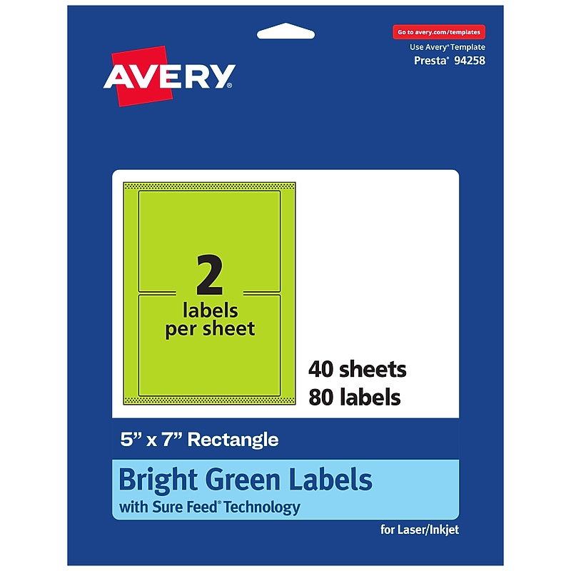 Avery Laser/Inkjet Multipurpose Rectangle Labels, 5" x 7", Bright Green, 80/Pack (94258) image 1
