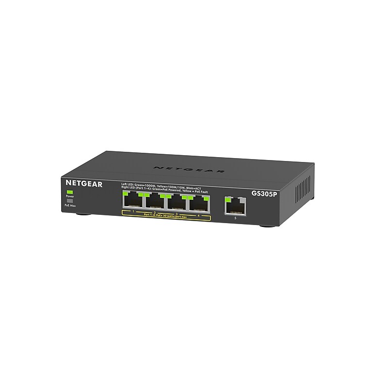 Netgear Essentials GS305P 5-Port Gigabit PoE Unmanaged Switch, 1000 Mbps, Black (GS305P-300NAS) image 1