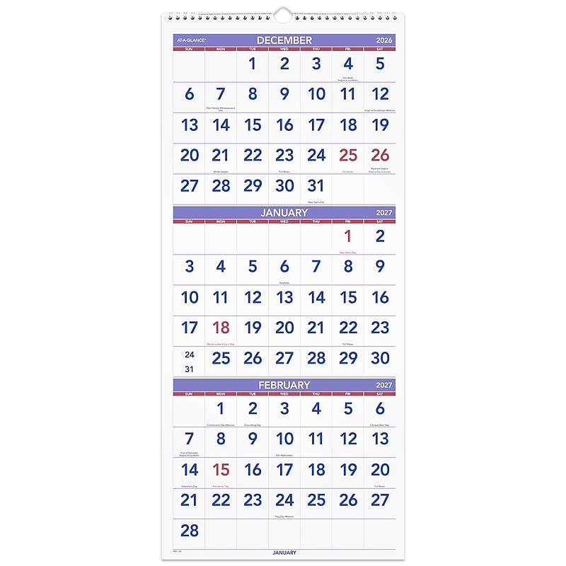 2027 AT-A-GLANCE 12" x 27" Three-Month Wall Calendar, White/Purple (PM11-28-27) image 1