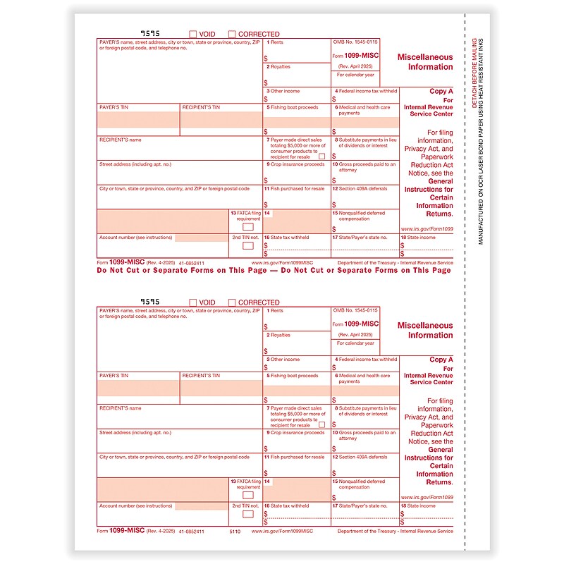 ComplyRight 2025 1099-MISC Tax Form, 1-Part, 2-Up, Federal Copy A, 50/Pack (511050) image 1