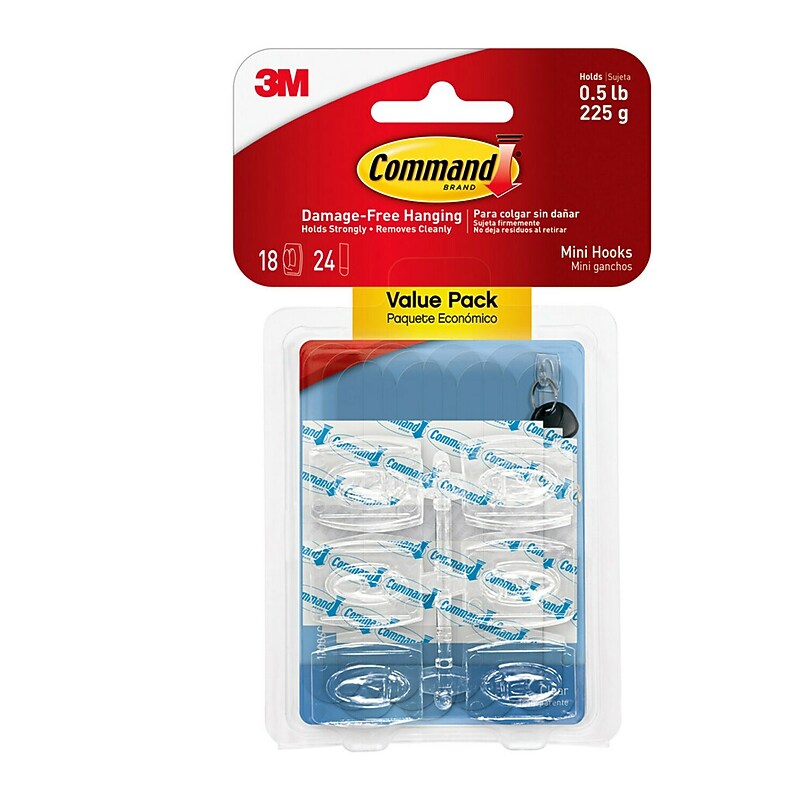 Command Damage Free Mini Hook, 0.5 lb, Clear, 18/Pack (17006CLR-18ES) image 1