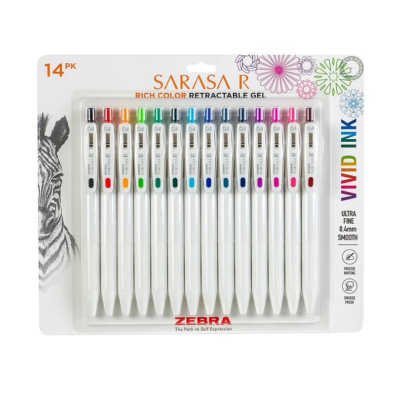 Zebra Sarasa R Retractable Gel Pen, Extra Fine Point, 0.4mm, Assorted Ink, 14/Pack (47714) image 1