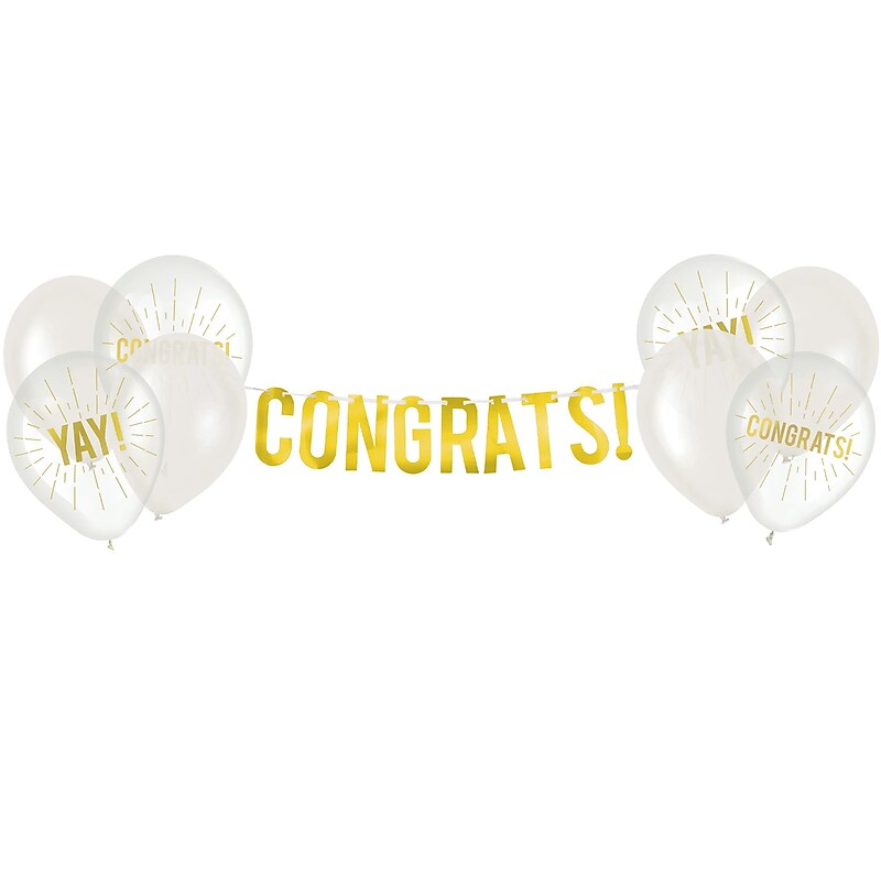 Party City Congrats Banner with 12" Latex Balloons, White & Gold, 11/Pack (AM120986) image 1