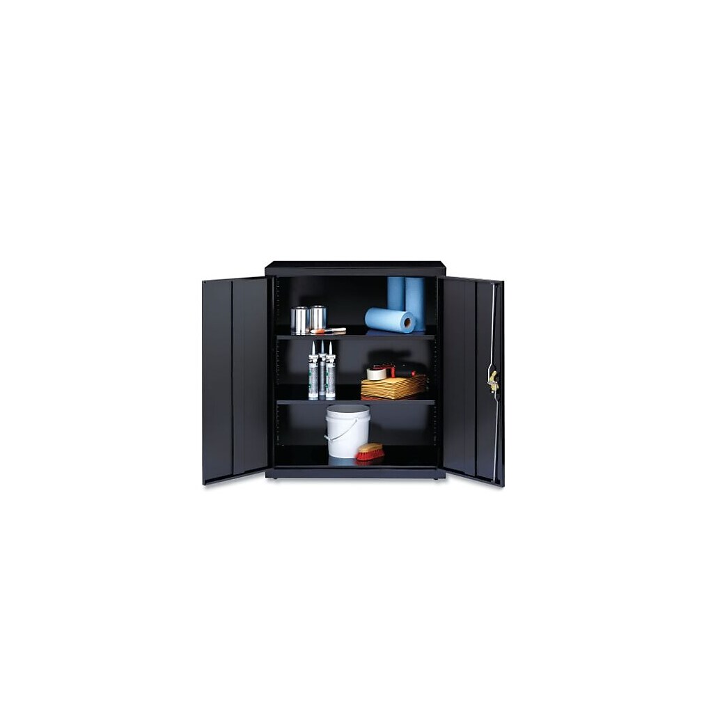 Open cabinet showing interior shelves with items