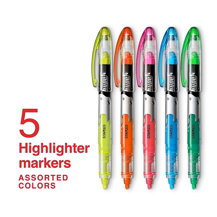 Staples® Hype Stick Highlighters, Chisel Tip, Assorted, 5/Pack