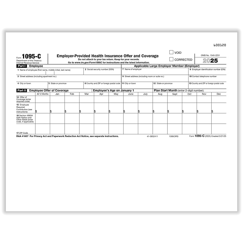 ComplyRight 2025 1095-C Tax Form, 1-Part, White/Black, 50/Pack (1095CIRS50) image 1