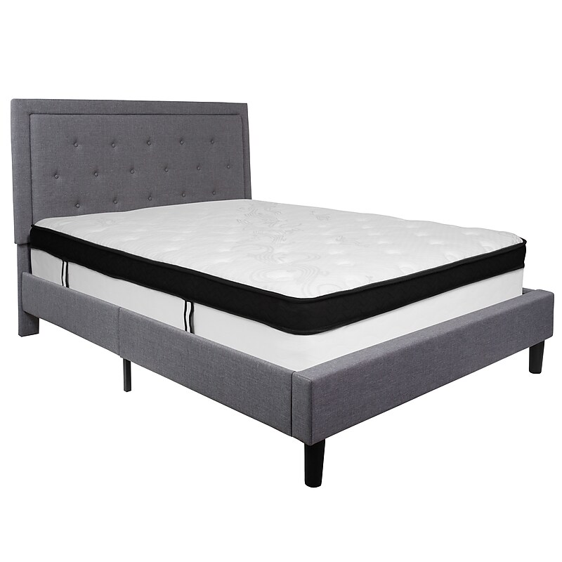 Flash Furniture Roxbury Tufted Upholstered Platform Bed in Light Gray Fabric with Memory Foam Mattress, Queen (SLBMF27) image 1