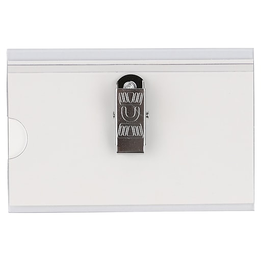 JAM PAPER Plastic Name Tags with Clamp Hook, 3 5/8" x 2 1/4", Clear, 24