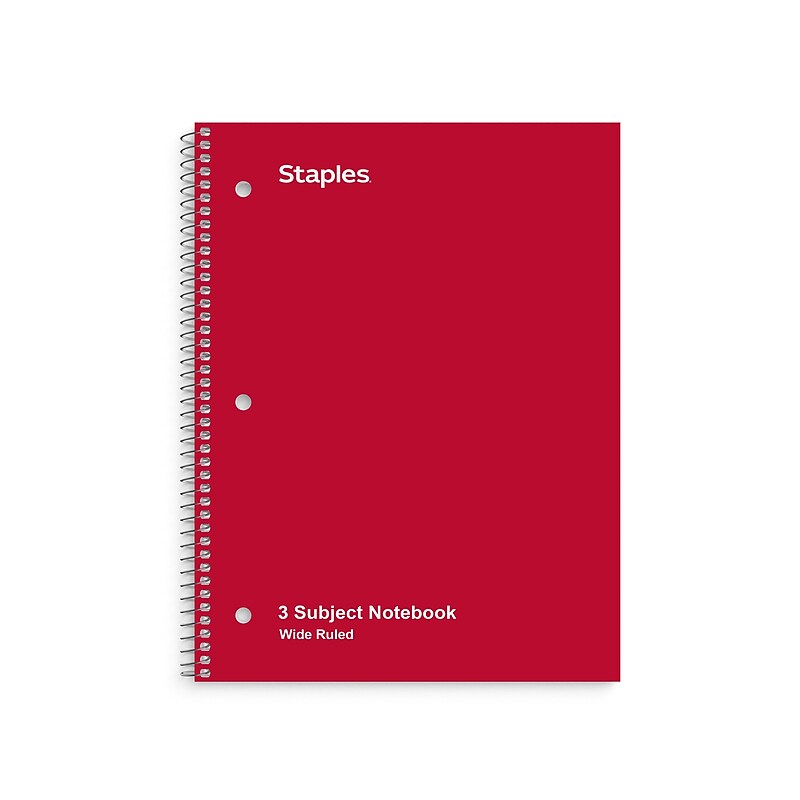 Staples 3-Subject Notebook, 8" x 10.5", Wide Ruled, 120 Sheets, Assorted Colors, 3/Pack (ST11669C) image 1