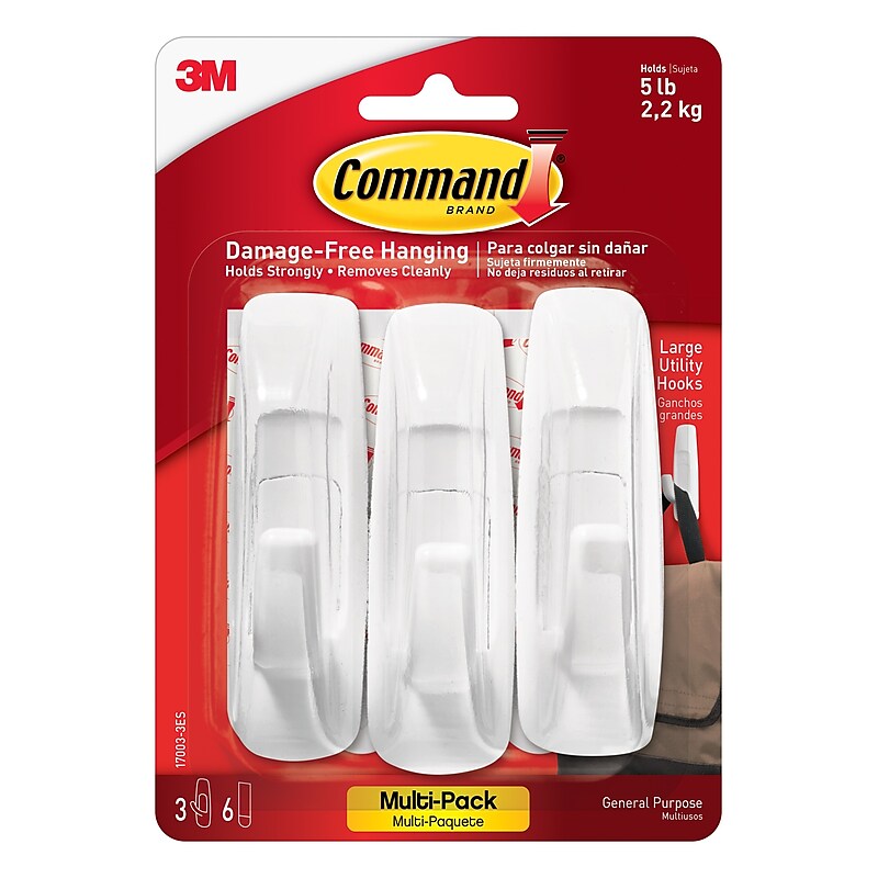 Command Large Utility Hooks, White, Damage Free Hanging of Dorm Room Decorations, 3 Command Hooks, 6 Command Strips (17003-3ES) image 1