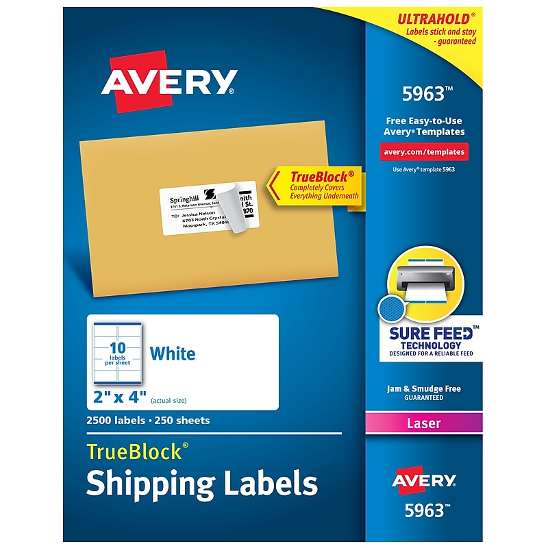 Avery TrueBlock Laser Shipping Labels, 2" x 4", White, 2,500 Labels/Box (5963) image 1