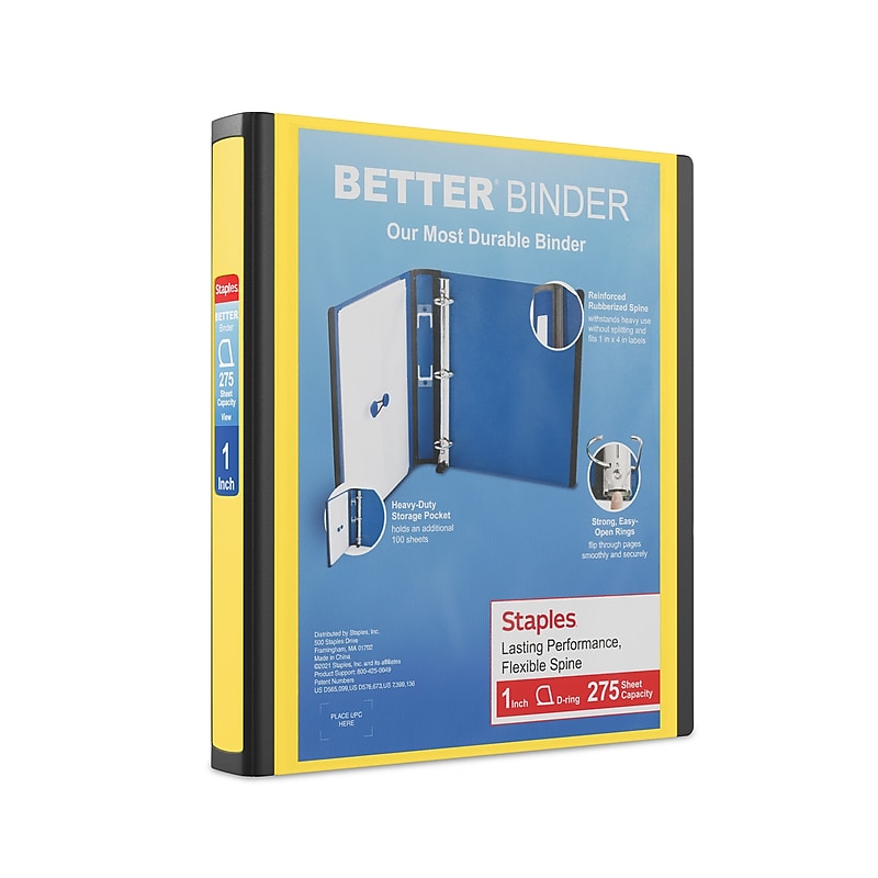 Staples Heavy Duty 1" 3-Ring Better Binder, D-Ring, Yellow (19064) image 1