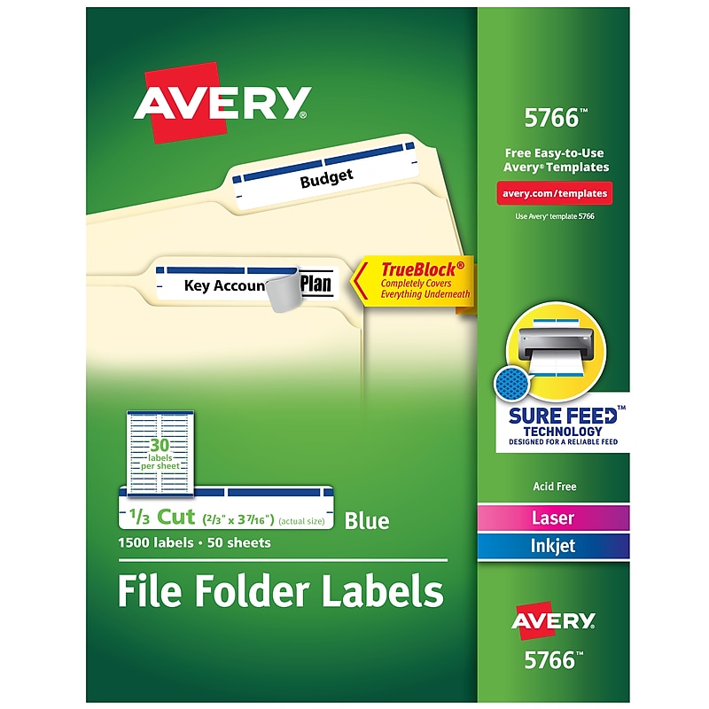 Avery TrueBlock Laser/Inkjet File Folder Labels, 2/3" x 3-7/16", White/Blue, 1,500 Labels/Pack (5766) image 1