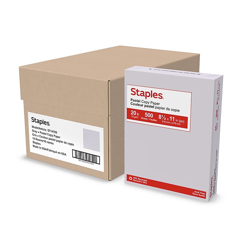 Staples Pastel 30% Recycled Color Copy Paper, 20 lbs., 8.5" x 11", Gray, 500 Sheets/Ream, 10 Reams/Carton (073050CT) image 1
