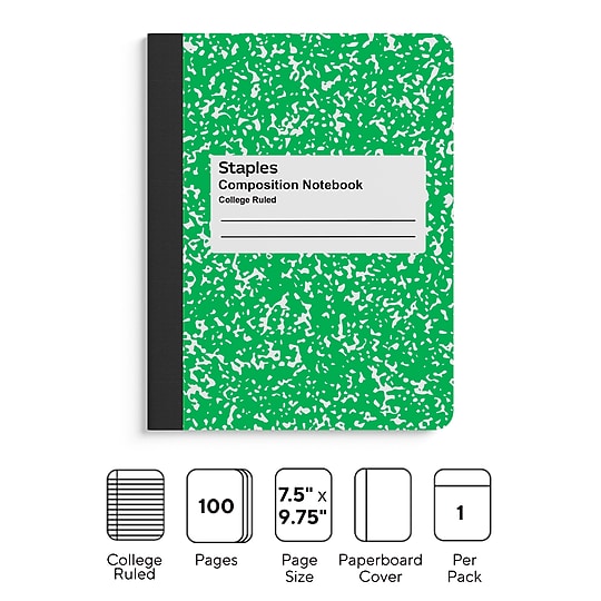 STAPLES Composition Notebook, 9.75” x 7.5”, College Ruled, 100 Sheets, Green~#|#~D44B25C3-C1BF-425D-B48547603F409953_sc7