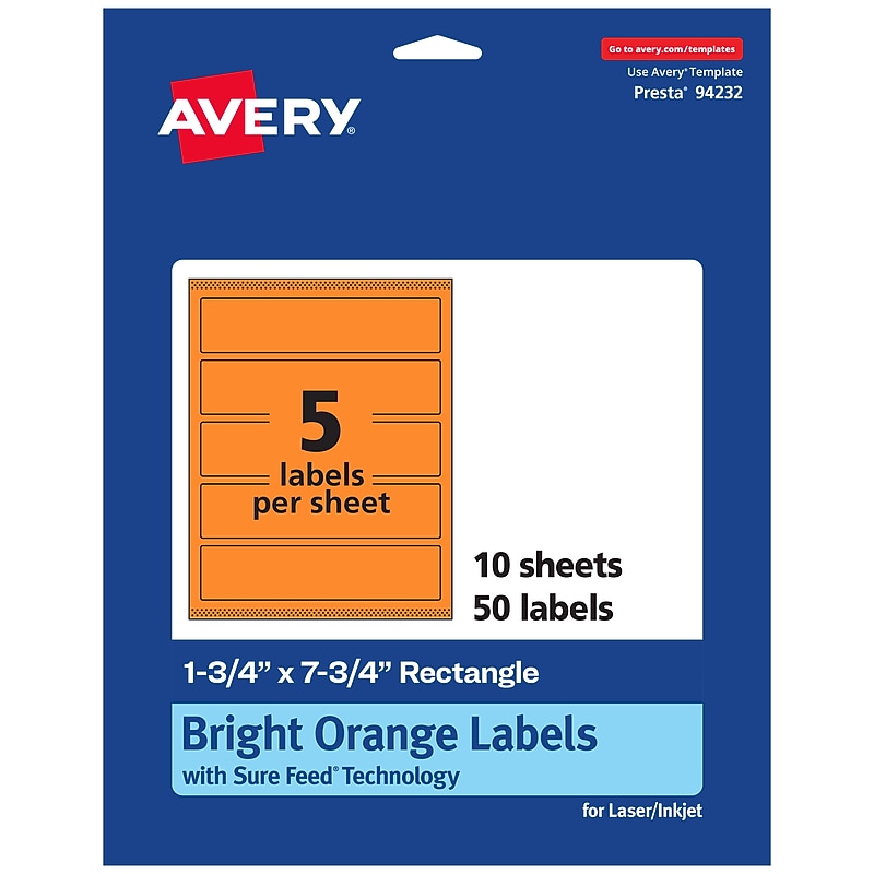 Avery Laser/Inkjet Multipurpose Rectangle Labels, 1.75" x 7.75", Bright Orange, 50/Pack (94232) image 1