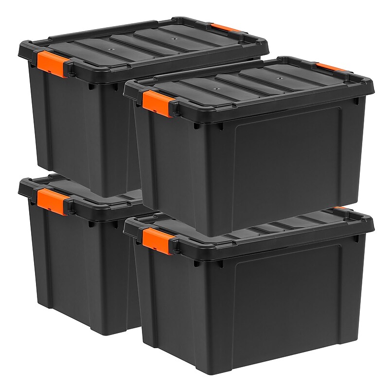 Iris Heavy Duty 78 Qt. Stackable Storage Bin with Latching Lid, Plastic, Black/Orange, 4/Pack (500154) image 1
