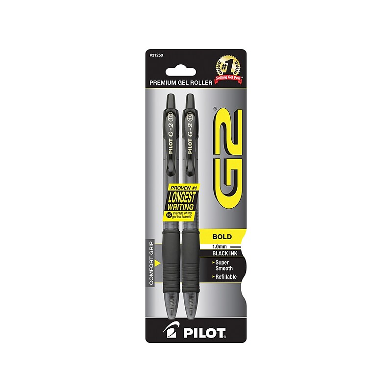 Pilot G2 Retractable Gel Pen, Bold Point, 1.0mm, Black Ink, 2/Pack (BG212BLK) image 1