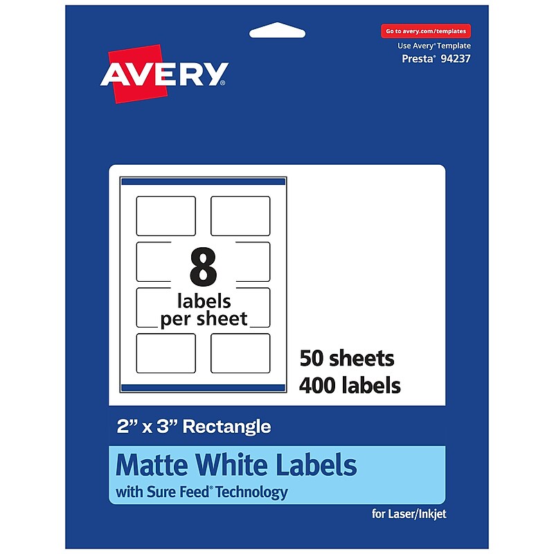 Avery Laser/Inkjet Rectangle Multipurpose Labels, 2" x 3", Matte White, 400 Labels/Box (94237) image 1