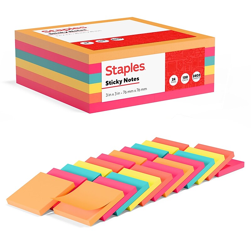 Staples Sticky Notes, 3" x 3", Pool Party Collection, 100 Sheets/Pad, 24 Pads/Pack (S-33BR24) image 1