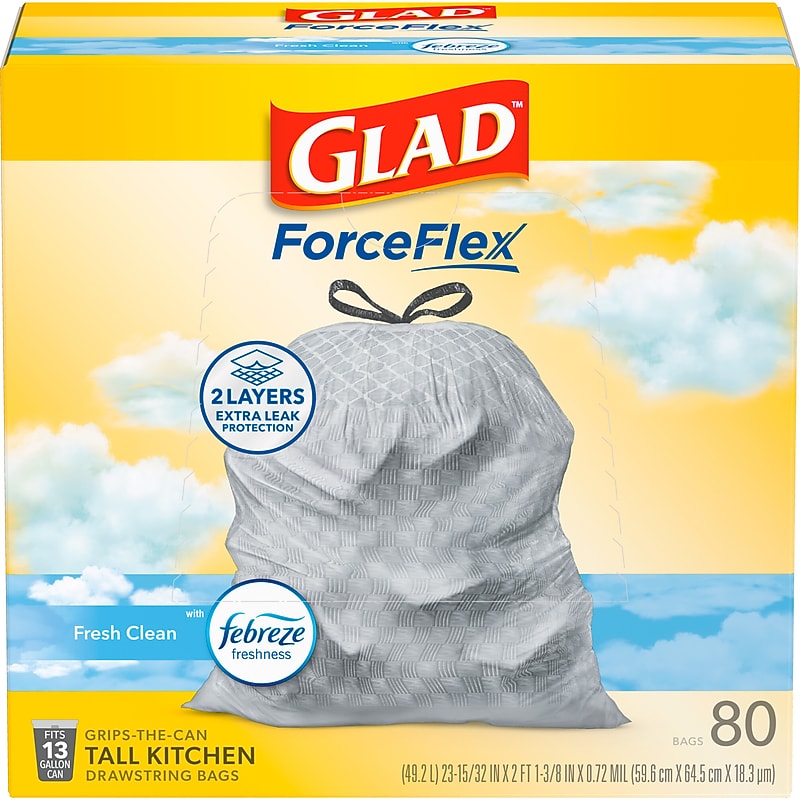Glad ForceFlex Tall 13 Gallon Drawstring Kitchen Trash Bag, Fresh Clean with Febreze Freshness, White, 80 Total Bags (78534) image 1