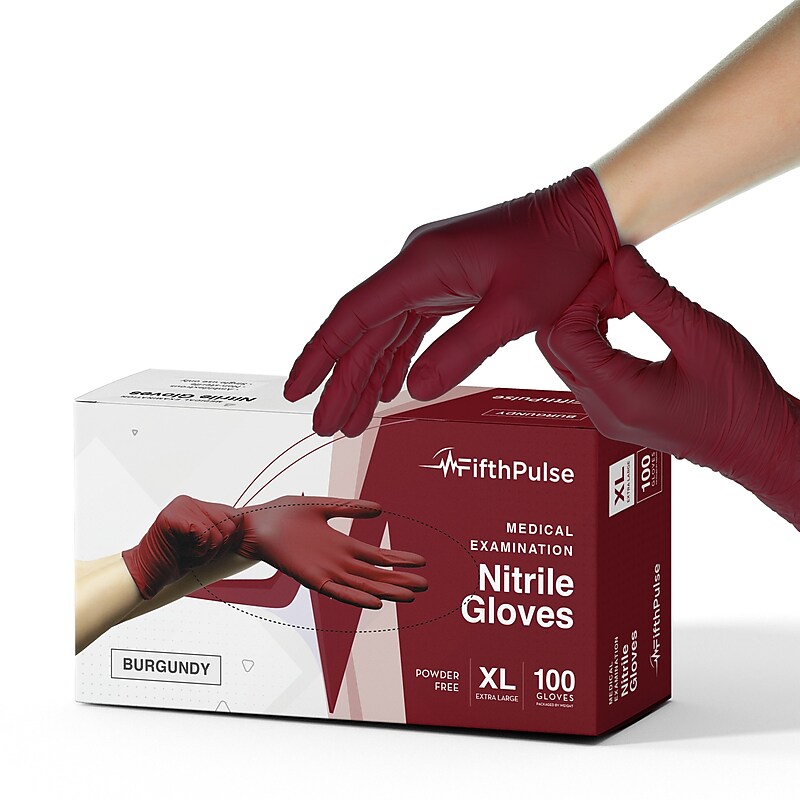 FifthPulse Powder Free Nitrile Gloves, Latex Free, X-Large, Burgundy, 100/Box (FMN100217) image 1