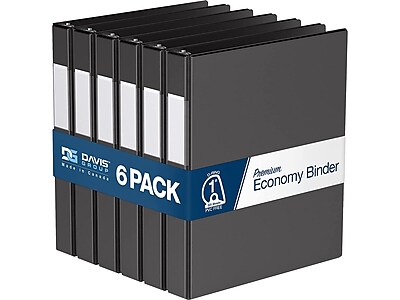 Davis Group 6pk 1" Premium Economy Round Ring Binders Black: Hard Cover, 225 Sheet Capacity, 2 Pockets, Polypropylene