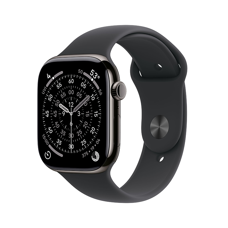 Apple Watch Series 11 GPS + Cellular Smartwatch, 46mm, Slate Titanium Case with Black Sport Band, Small/Medium (MFD14LW/A) image 1