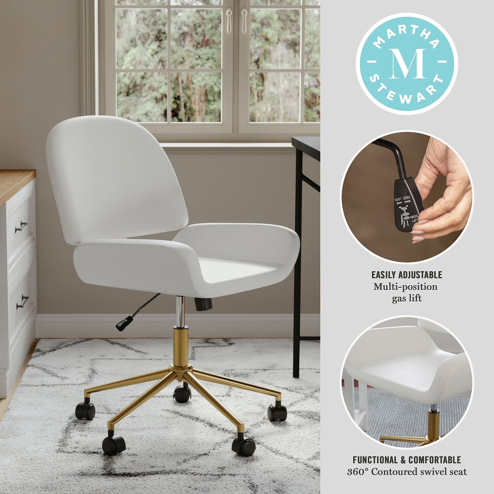 Martha Stewart Tyla Armless Faux Leather Swivel Executive Chair, White/Polished Brass (CH2209215WHGLD) Sansujyuku sansujyuku.com
