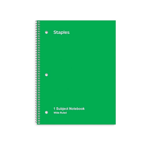 Staples 1Subject Notebook, 8" x 10.5", Wide Ruled, 70 Sheets, Green